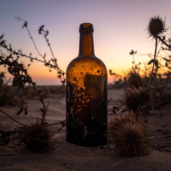 Old, brown bottle on sand at sunset, surrounded by spiky plants