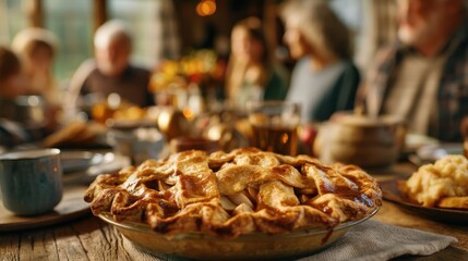 A family enjoys a meal together at a large table. A pie sits in front surrounded by various dishes and drinks. People chat and share laughter in a warm space.