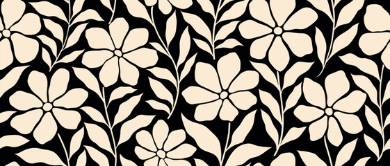 Leaves branch and Hand Drawn doodle Scribble floral plants banner. seamless pattern. Creative minimalist Abstract art background. Design wall decoration, postcard, poster or brochure