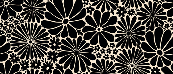 Leaves branch and Hand Drawn doodle Scribble floral plants banner. seamless pattern. Creative minimalist Abstract art background. Design wall decoration, postcard, poster or brochure