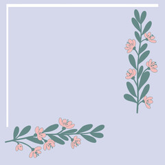 Fototapeta premium A delicate floral border design with soft pink blossoms and green leaves on a light purple background.