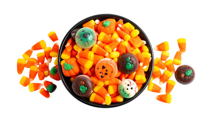 Overhead shot of a bowl brimming with candy corn and Halloween-themed chocolates