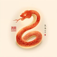 Chinese Zodiac Snake Symbol for Lunar New Year Celebration, Year of the Snake Chinese Zodiac Illustration in Red and Gold. 