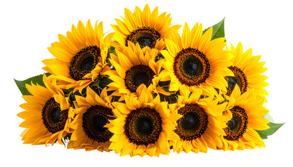 A vibrant bouquet of bright yellow sunflowers with dark brown centers and green leaves