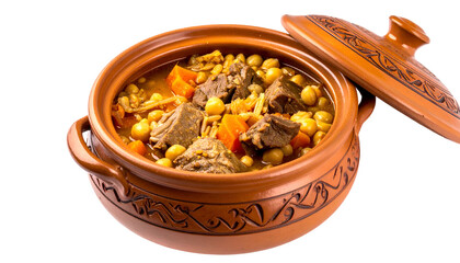 A terracotta pot of stew with beef chunks, chickpeas, and carrots, lid askew