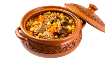 A terracotta pot of stew with beef chunks, chickpeas, and carrots, lid askew