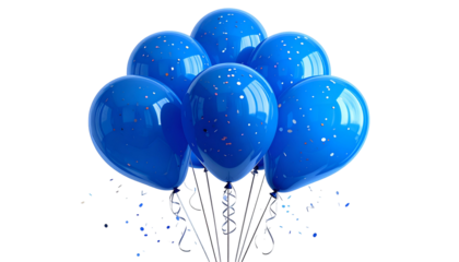 Bunch of shiny blue balloons with confetti, floating against a black background