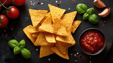 Tortilla chips are arranged on a black slate surface. A small bowl of salsa sits next to the chips. Fresh tomatoes garlic and basil are also present.