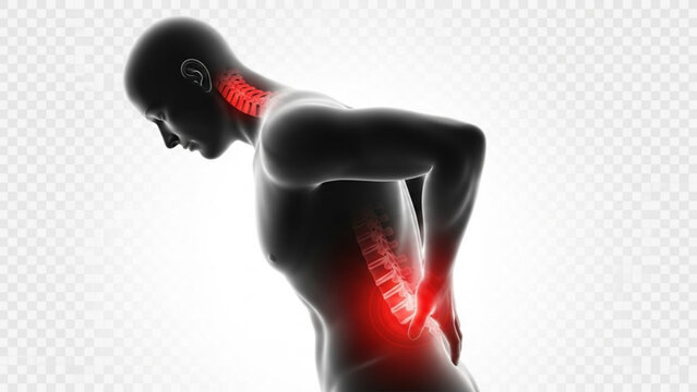 Person with back and neck pain, holding their lower back in discomfort and agony