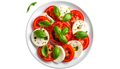 Overhead shot of a caprese salad on white plate with fresh tomatoes, mozzarella, basil