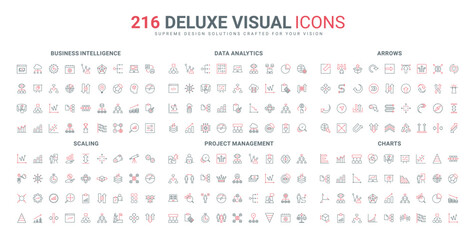 Business project management and timeline organization, data analysis, scaling arrows line icon set. Growth chart, diagram with sectors and scheme thin black and red outline symbols vector illustration