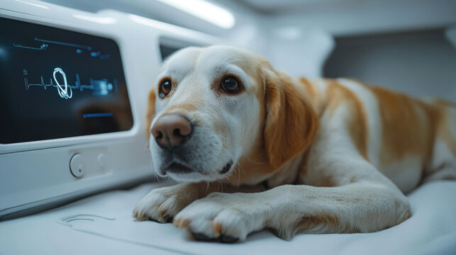 Futuristic medical veterinary robot examining dog in pet hospital