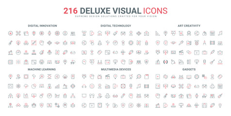 Creative idea innovation, multimedia, AI development, digital environment and cloud services line icon set. Augmented reality, NFT and games thin black and red outline symbols vector illustration