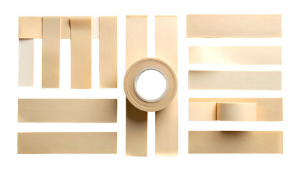 Beige medical tape roll surrounded by strips arranged in geometric patterns on a black background