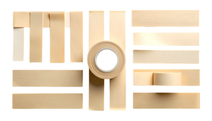 Beige medical tape roll surrounded by strips arranged in geometric patterns on a black background