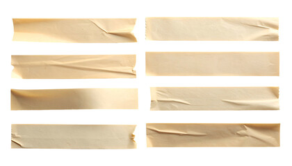 Eight strips of tan adhesive tape on black, with different tears and folds