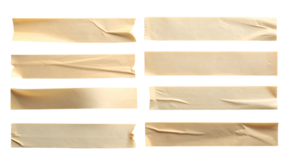 Eight strips of tan adhesive tape on black, with different tears and folds
