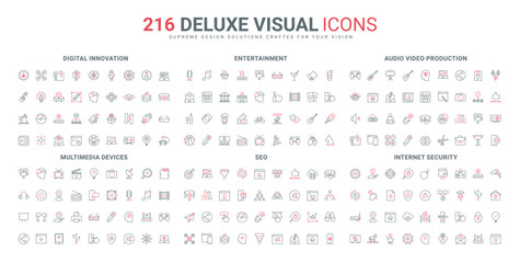 Audio and video devices and vlogging line icon set. Digital innovation, mobile application for cyber protection from virus, phishing and spam thin black and red outline symbols vector illustration