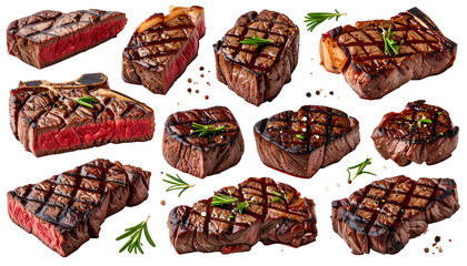 Collection of various cooked steaks, showing different cuts and doneness levels, with herbs