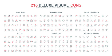 Gold cup award and medal, ribbon and decoration of holiday celebration line icon set. Success leadership, premium prize badge, medallion thin black and red outline symbols vector illustration