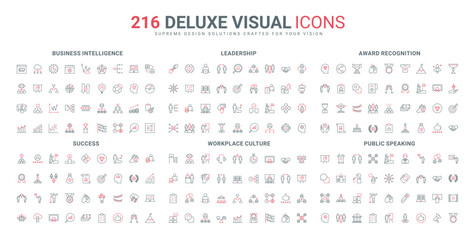 Speech presentation, success business organization and leadership, award of merit line icon set. Office workplace and environment, champ reward thin black and red outline symbols vector illustration