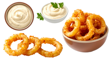 Golden fried onion rings with creamy dipping sauces in bowls, overhead and closeups
