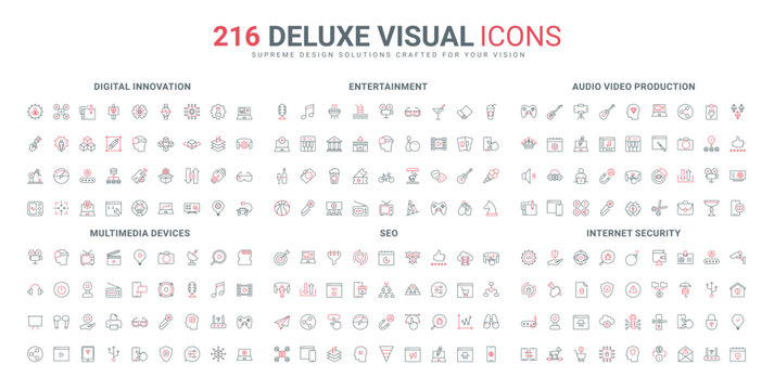 Audio and video devices and vlogging line icon set. Digital innovation, mobile application for cyber protection from virus, phishing and spam thin black and red outline symbols vector illustration