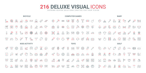 Kids games and sport activity, leisure line icon set. Baby food and clothes, bicycle and golf equipment, computer and headphones, mobile app thin black and red outline symbols vector illustration