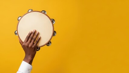 Musician's Hand Shaking Tambourine, Yellow Backdrop