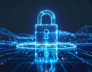 Digital padlock icon with glowing circuit board and network connections on a dark background