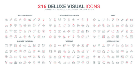 Hotel and hostel room services, tropical vacation and honeymoon, baby care line icon set. Wedding and birthday party, public event celebration thin black and red outline symbols vector illustration
