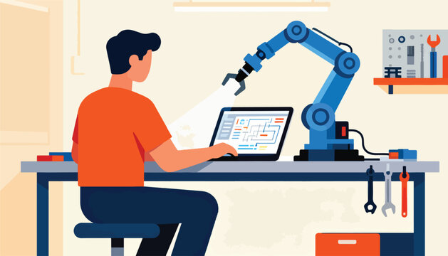 Person interacts with robotic arm on laptop in workshop with tools