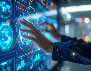 Futuristic technology interface with hands interacting with a digital display