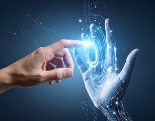 Human hand touching a glowing digital robotic hand, symbolizing the connection between humanity and artificial intelligence, future technology, and innovation concept