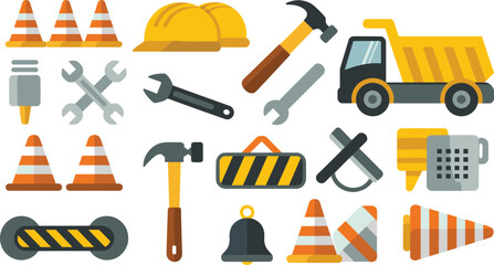 Construction tools and safety equipment icons set, flat design construction elements including helmets, cones, truck and tools vector © Mst Nurnehar Begum