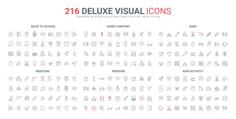 Electrical appliances and plants, pets for home comfort, medicine, wedding line icon set. Outdoor and indoor games and kids activity, baby care thin black and red outline symbols vector illustration