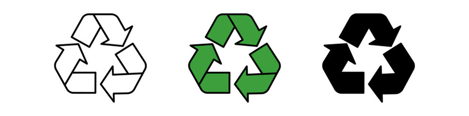 Fototapeta premium Set of three recycling symbols in black, green, and white, representing sustainable practices and environmental awareness.