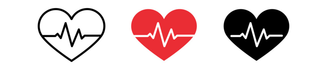Three heart symbols showing heartbeat patterns in black, red, and white variations.