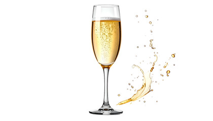 Champagne flute filled with bubbly liquid, splashing out onto black background