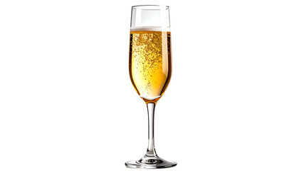 Tall, elegant champagne flute filled with golden, bubbly, and frothy alcoholic beverage
