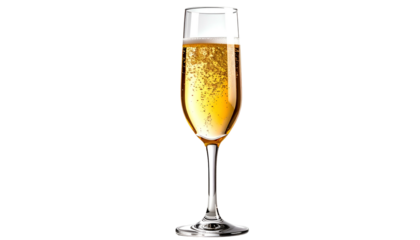 Tall, elegant champagne flute filled with golden, bubbly, and frothy alcoholic beverage