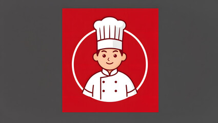 A cartoon chef in a hat on a red background.