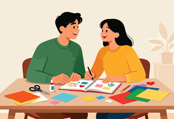 Couple happily creating art together at a table with craft supplies