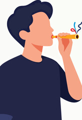 Person blowing a yellow party horn with red and blue streamers, isolated on white