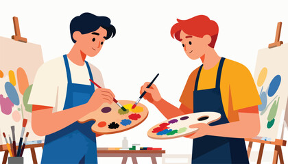 Two artists with paint palettes and brushes, creating art on easels