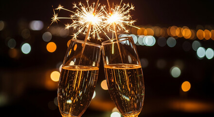 Two champagne flutes clinking together in the center of the frame