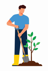 Person wearing yellow boots plants a sapling using a shovel in soil