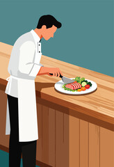 Chef preparing a plated meal with sliced fish and fresh vegetables