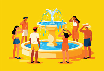 Group of people gathered around a water fountain on a bright, sunny day
