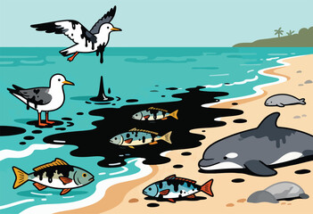 Oil slick pollutes beach, harming sea life like birds, fish, and dolphins